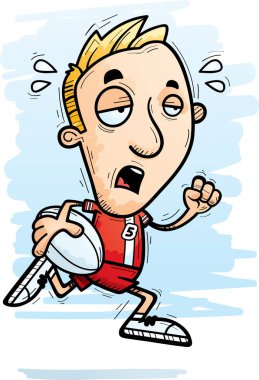 Çalışan ve yorgun görünümlü bir adam rugby oyuncusu çizgi film gösterimi.