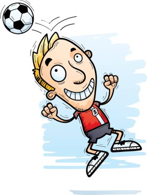 Bir adam futbol oyuncu atlama ve bir futbol topu doğru çizgi film gösterimi.