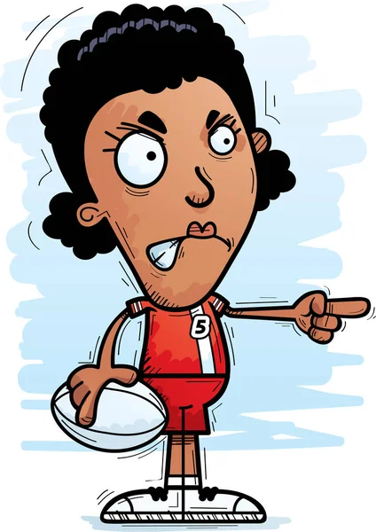 Cartone Animato Illustrazione Una Donna Nera Giocatore Rugby Cercando Arrabbiato — Vettoriale Stock