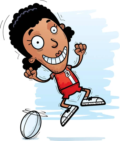 Tecknad Illustration Svart Kvinna Rugbyspelare Hoppning — Stock vektor