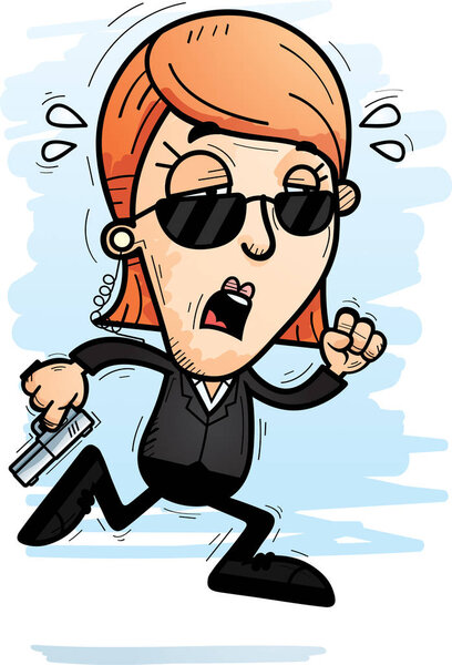 A cartoon illustration of a woman secret service agent running and looking exhausted.