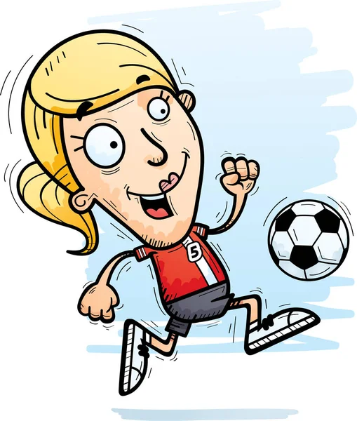 Cartone Animato Illustrazione Una Donna Giocatore Calcio Dribbling Pallone Calcio — Vettoriale Stock