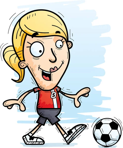 Ένα Καρτούν Εικονογράφηση Μια Γυναίκα Ποδοσφαιριστή Περπάτημα — Διανυσματικό Αρχείο
