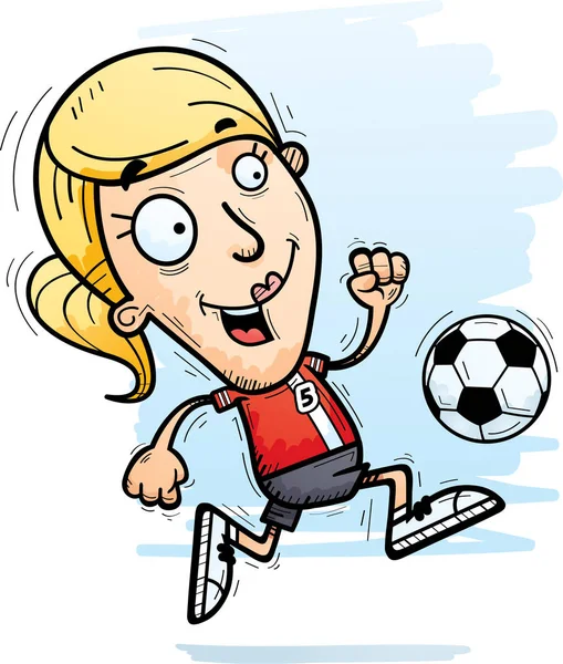Tecknad Bild Kvinna Fotbollspelare Dribblingar Fotboll Stockillustration