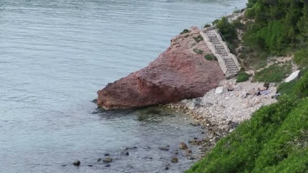 Πανόραμα με θέα τη θάλασσα και η άγρια παραλία στο ηλιοβασίλεμα — Αρχείο Βίντεο