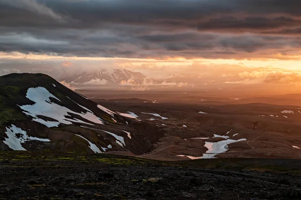 Pôr Sol Perto Kerlingarfjoll Área Geotérmica Dia Verão Islândia — Fotografia de Stock