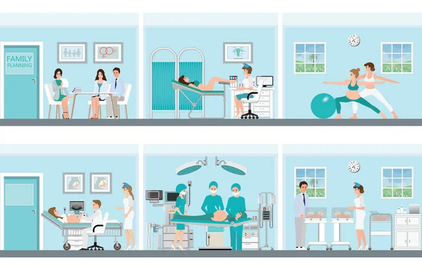 在医院或诊所与医生和病人在手术室工作的医疗专业人员的计划生育 矢量插画 — 图库矢量图片