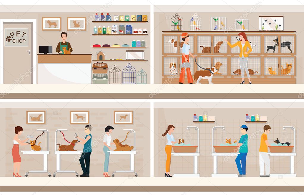 Modern pet shop with cages of animal, animal health care conceptual vector illustration.