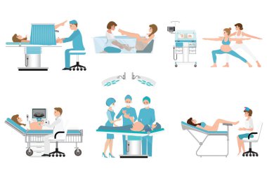 Hamile kadının çeşitli birthing beyaz, Doğum ameliyatı, normal Doğum izole, su ve çocuk bakım yeni doğan bebek bebek kuluçka içinde Doğum, vektör. 