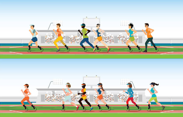 Handicapped sprinter with prosthetic leg running on race track, sport and competition vector illustration.