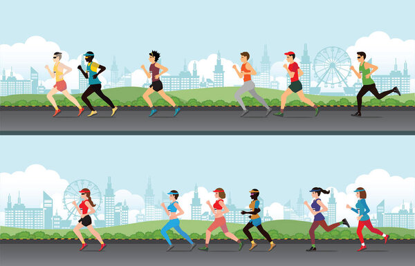 Marathon runner men and women on the street, sport and competition vector illustration.