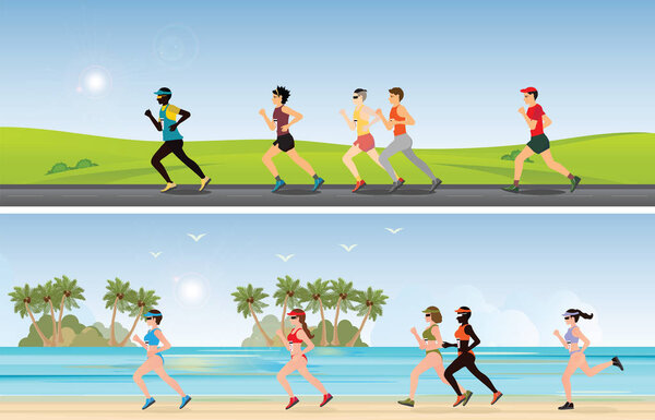 Marathon Runners compete on tropical beach and sunny day, sport and competition vector illustration.