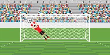 Goalkeeper jumping to catch soccer ball, football match team players sport championship vector illustration. clipart