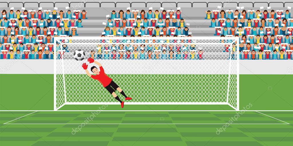 Goalkeeper jumping to catch soccer ball, football match team players sport championship vector illustration.