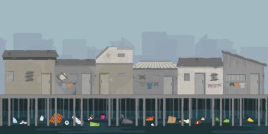 Landscape of wooden house on the riverbank with garbage, slum area over the river, poverty and social problem concept ,vector illustration. clipart