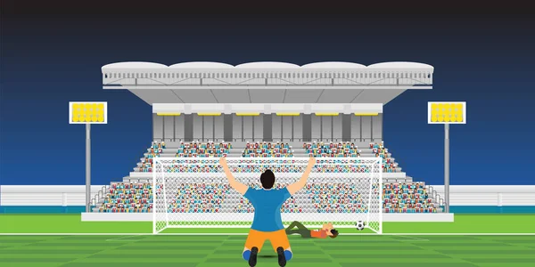 Jugador Fútbol Celebrando Gol Portero Cubre Propia Cara Durante Juego — Vector de stock