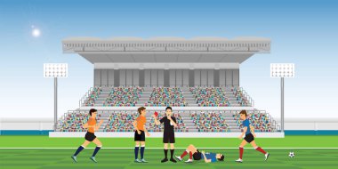 Islık ve futbolcu için holding kırmızı kart üfleme hakem faul futbol maçı takım oyuncuları spor şampiyonluk vektör çizim sırasında tamamlar..