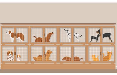 Kafesleri köpek ve kedi evde beslenen hayvan stok, satış için evde beslenen hayvan dükkanı kavramsal vektör çizim.