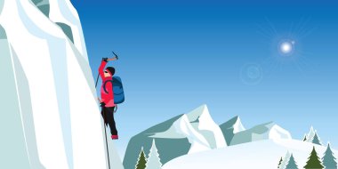 Buz Dağı mavi gökyüzü arka plan, spor aşırı vektör çizim karşı büyük bir mavi duvar tırmanma eksenli kırmızı paltolu buz dağcı.