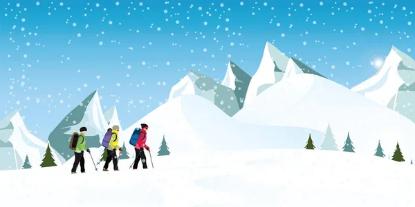 Escaladores Montaña Con Mochilas Caminando Través Nieve Pesada Temporada Invierno — Vector de stock