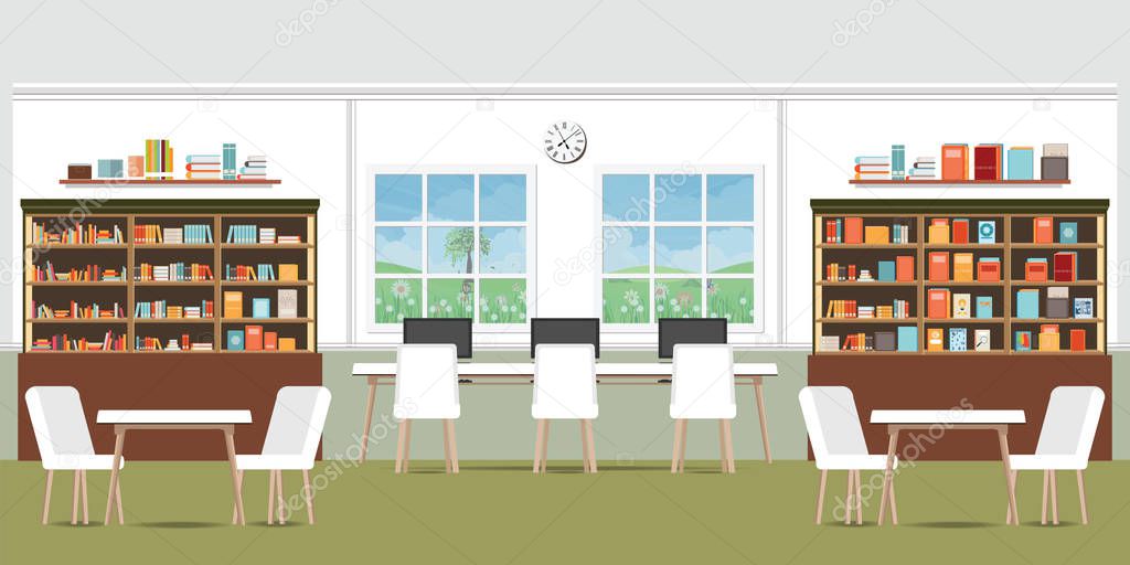 Modern library interior with bookshelves,wooden desks, office chairs and computers, vector illustration.