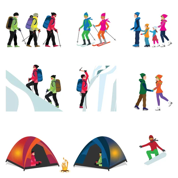 Cartoon Character Set Ice Climber Camping Snowy Hiking Skiing Family — Stock Vector