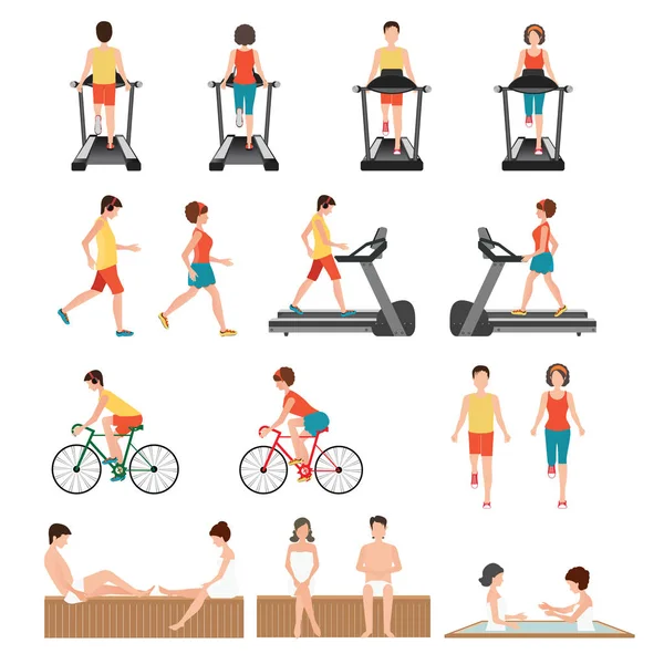 Personas Gimnasio Haciendo Ejercicio Corriendo Cinta Correr Trotar Montar Bicicleta — Archivo Imágenes Vectoriales