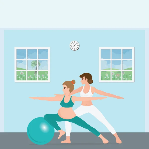 Schwangere Frau Beim Yoga Mit Einem Trainer Gesunde Schwangerschaftsvektorillustration — Stockvektor
