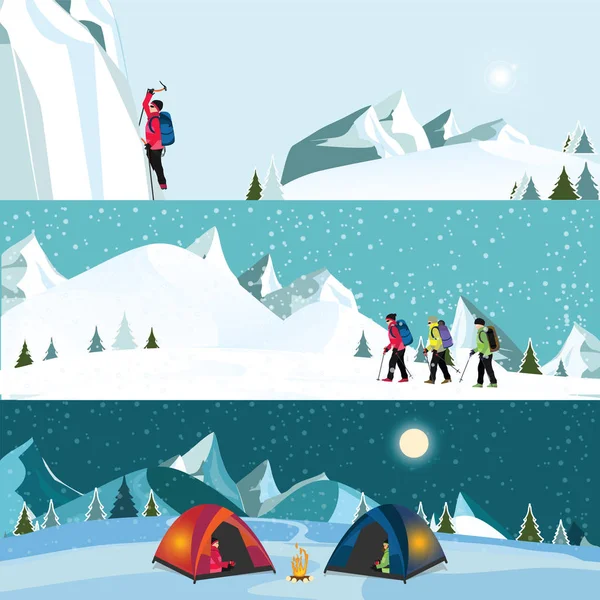 アイスクライマー キャンプやハイキング冬 要素および概念冒険風景ベクトル図のベクトル フラット バナー設定 — ストックベクタ