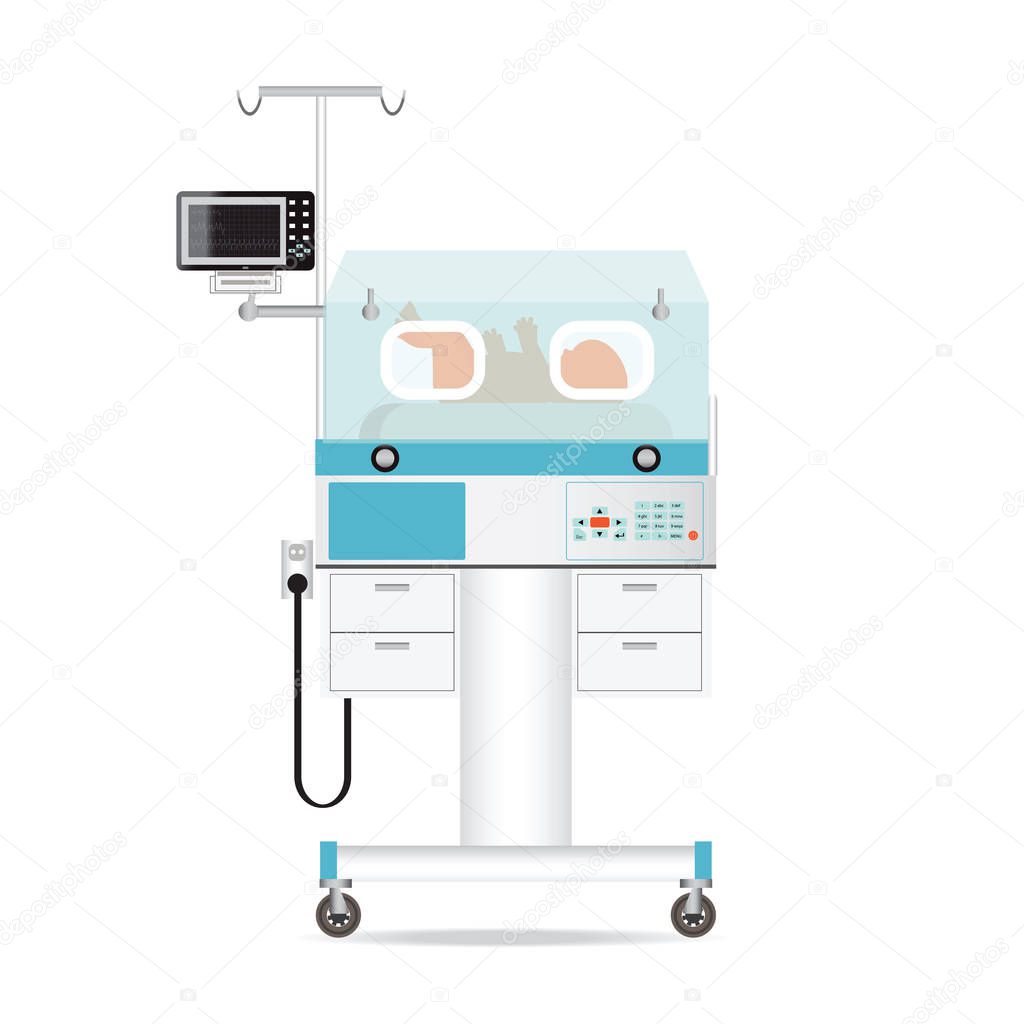 Infant incubator technology with new born baby in a medical center hospital, baby incubator vector illustration.