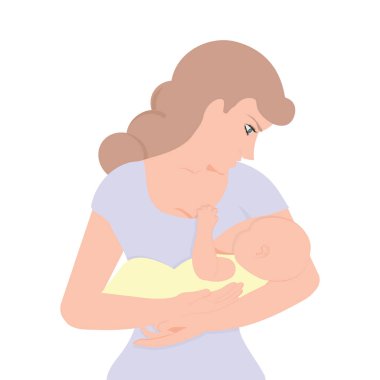 Onun yeni doğan bebek emzirme için yeni doğmuş çocuğunu tutan Genç Anne annemin meme vektör çizim beslemeleri.