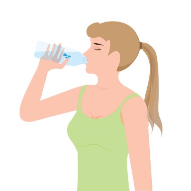 Genç kadın içme suyu plastik şişeler, sağlıklı yaşam vektör çizim.