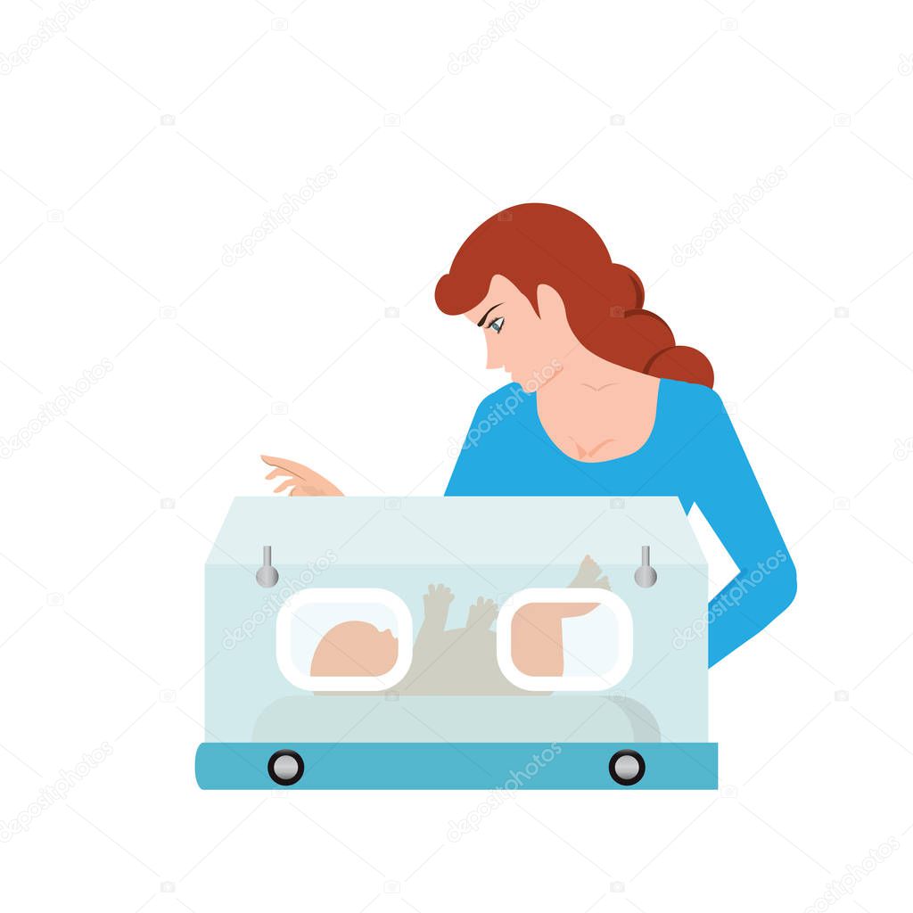 Mom or nurse look at baby in incubator, Baby inside incubator, newborn premature infant vector illustration.