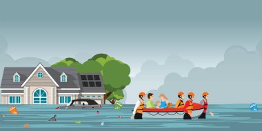 Rescue team helping people by pushing a boat through a flooded road,  vector illustration. clipart