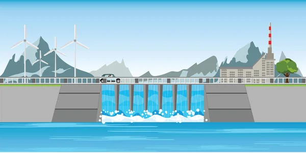 Dam Windmills Mountains Water Rushing Gates Dam Vector Illustration — Stock Vector