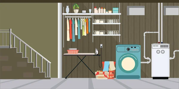 Equipamiento Interior Sótano Lavadora Estante Con Herramientas Cesta Con Ropa — Vector de stock