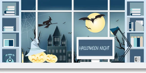 Lieu Travail Intérieur Sur Halloween Décoration Bureau Dans Nuit Halloween — Image vectorielle