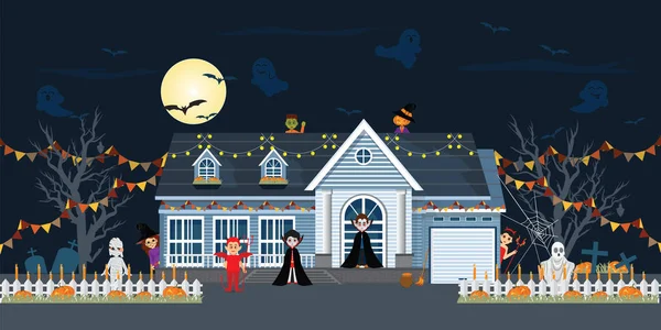 Façade Maison Décorée Pour Nuit Halloween Avec Personnage Dessin Animé — Image vectorielle