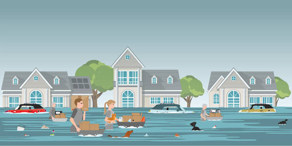 Residents family carrying belongings and pet to walk in high waters after devastating floods in village, residents in walk through a flood vector illustration.