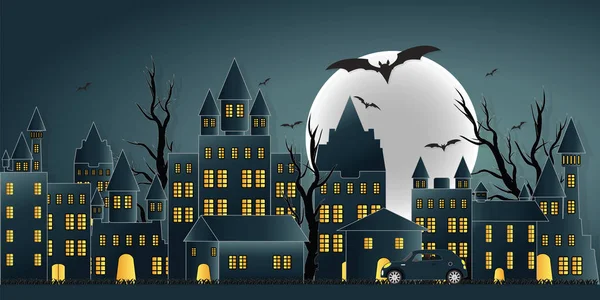 Papírové Umění Šťastný Halloween Den Ghost Party Hradem Měsíc Obloze — Stockový vektor