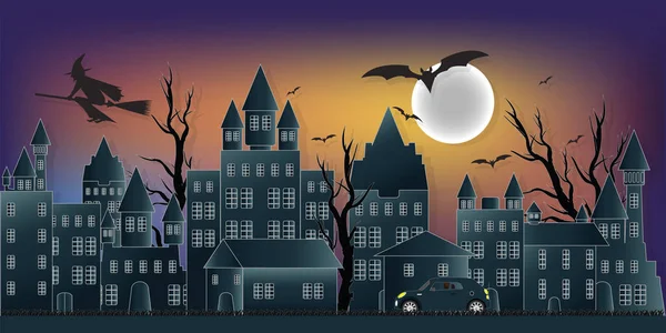 Nuit Noire Halloween Pleine Lune Dans Ciel Sur Fond Village — Image vectorielle