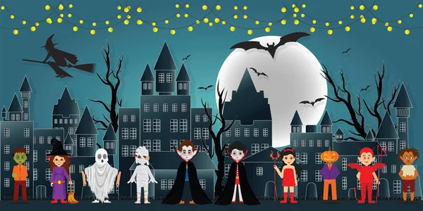 暗い夜のハロウィーンのお祭りの文字と祭ハッピーデーと党概念として放棄された村の背景の空に満月 ベクトル図 — ストックベクタ