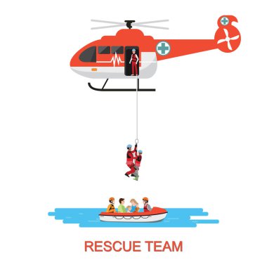 Kurtarma ekibi kurtarma helikopteri ve tekne Kurtarma Misyon Kurtarma, deniz veya sel ile beyaz, vektör illüstrasyon izole.