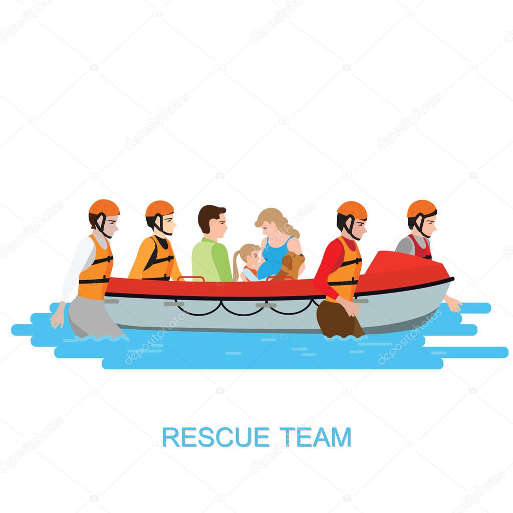 Boat rescue team helping people by pushing a boat through a flooded isolate on white, vector illustration.