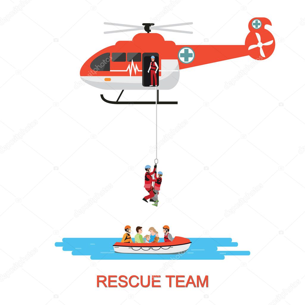 Rescue team with rescue helicopter and boat rescue in mission rescue at sea or flood, isolate on white, vector illustration.