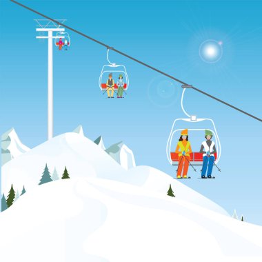 Kış kayak kayakçı üzerinde bir teleferik ile kış aktiviteleri kavramsal illüstrasyon vektör.