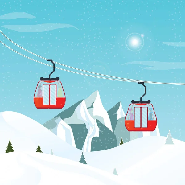 Cable Cars Aerial Lift Moving Ground Winter Landscape Winter Activities — Stock Vector