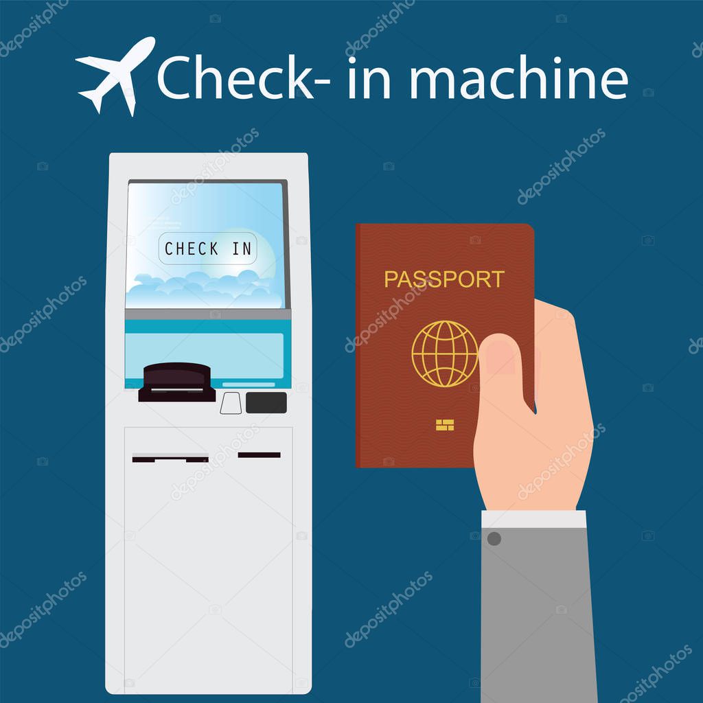 Businessman using the check-in machine at the airport getting the boarding pass, self service check in, business travel conceptual vector illustration.
