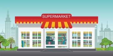 Süpermarket mağaza konsepti ile süpermarket bakkal, market bina ve iç raflar ve sayaç kasiyer, düz vektör çizim üzerinde taze gıda ile kişi.
