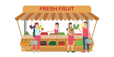 Yerel grupta Pazar meyve shop meyve satıcı ile stand meyve ve müşteri alışveriş taze meyve, vektör çizim satmak için.